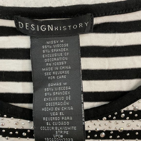 Design History Black White Stripe Top Woman Medium Rhinestones Viscose Knit - Picture 7 of 10